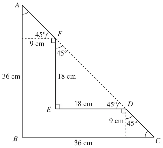 Figure 2: L-shaped lamina ABCDEF with AB = BC = 36 cm, FE = ED = 18 cm, parallel sides 9 cm apart, and A, F, D, C on a straight line