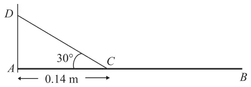 Figure 3: horizontal beam AB hinged at A to a vertical wall, rope from C to D on the wall, angle ACD 30 degrees, AC 0.14 m