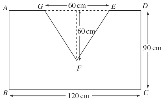 Figure 2: rectangle ABCD, BC 120 cm, DC 90 cm, with isosceles triangle EFG of base 60 cm and height 60 cm removed from the edge AD