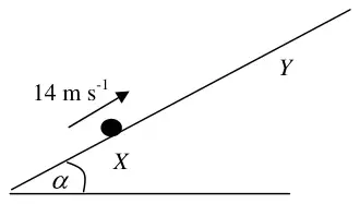 Diagram: particle at X moving at 14 m/s up the plane towards Y