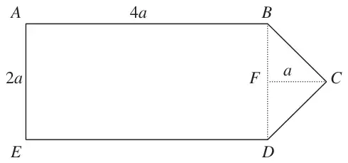 Figure 1: lamina ABCDE made of rectangle ABDE (AB = 4a, AE = 2a) and triangle BCD, with F the midpoint of BD and FC = a
