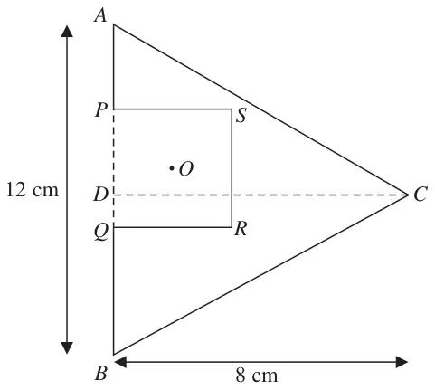 Figure 2: isosceles triangle ABC with AB = 12 cm vertical, DC = 8 cm, square PQRS removed with P and Q on AB and centre O