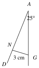 Diagram: AB hanging at 25 degrees to the vertical AG, with N on AD and NG = 3 cm