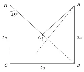 Diagram: lamina OABCD with angle 45 degrees at D and dashed lines from A and from D through O