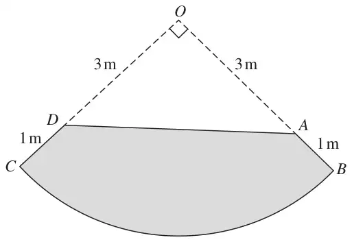 Figure 1: quarter disc OBC of radius 4 m with D on OC and A on OB 3 m from O; region ABCD shaded