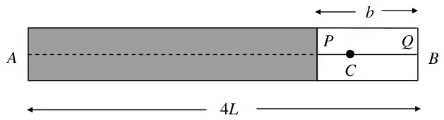 Figure 4: box AB of length 4L with window PQ of width b at the B end, target C in the window