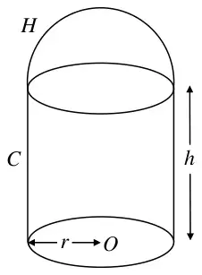 Figure 2: solid cylinder C of radius r and height h with hemisphere H on top, O the centre of the base