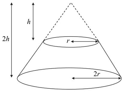 Figure 1: frustum of a cone with base radius 2r and top radius r; the full cone has height 2h and the removed cone above has height h