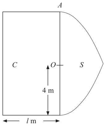 Figure 4: cross section of cylinder C of radius 4 m and length l m joined to solid S at the face through O, with A on the rim of the common face