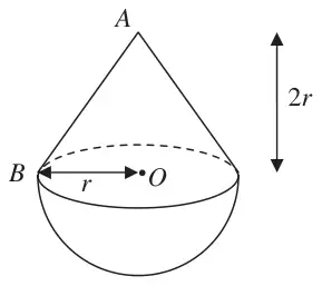 Figure 1: toy made of a cone of height 2r with vertex A joined to a hemisphere of radius r, O the centre of the common plane face and B on its rim