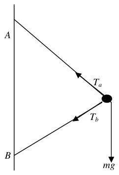 Force diagram: tensions T_a towards A and T_b towards B, weight mg at the ball