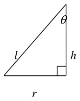 Right-angled triangle with hypotenuse l, vertical side h, horizontal side r, angle theta at the top