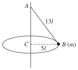 Figure 1: ball B of mass m on a string of length 13l from point A on a vertical pole, moving in a horizontal circle of radius 5l about C