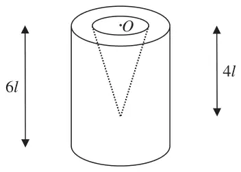 Figure 3: cylinder of height 6l with a cone of height 4l removed from one end, O at the centre of the open face