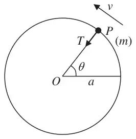 Figure 5: particle P of mass m moving on a vertical circle of radius a about O, OP at angle theta above the horizontal, tension T and speed v
