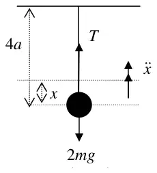 Diagram: particle displaced x above O (4a below A), tension T up, weight 2mg down, acceleration x-double-dot upwards
