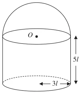 Figure 2: cylinder of height 5l and radius 3l with a hemisphere of radius 3l on top, O the centre of the common face