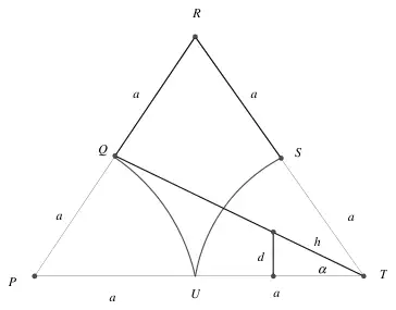 Triangle PRT with arcs from P and T meeting at U; centre of mass of sector TUS at distance h from T along TQ, height d above PT, angle alpha at T