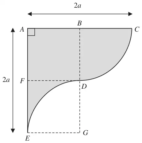 Figure 3: lamina ABCDEFA with AC = AE = 2a, B the midpoint of AC, F the midpoint of AE, quadrant BCD centre B and quadrant DGE centre G