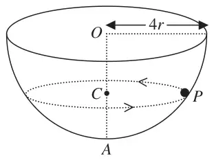 Figure 1: hemispherical bowl with rim centre O and radius 4r, particle P moving in a horizontal circle with centre C on OA