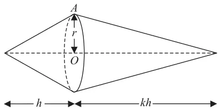 Figure 2: spindle made of two cones joined at their common circular face of radius r and centre O, heights h and kh, A on the rim