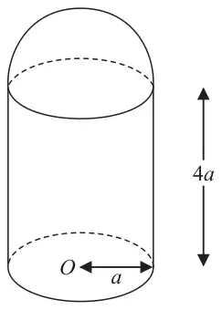 Figure 3: container made of a hollow cylinder of radius a and height 4a with a base, topped by a hemispherical shell; O is the centre of the base