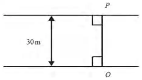 Figure 2: river 30 m wide between parallel banks, with O on one bank and P directly opposite on the other bank