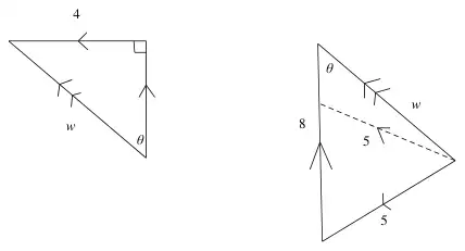 Velocity triangles: walking triangle with 4 and w; running triangle with 8, w and two possible 5 sides