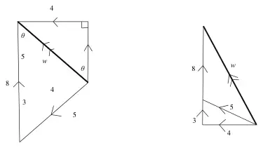 Combined triangles for the two possibilities: sides 4, 8, 5 and 3 with w
