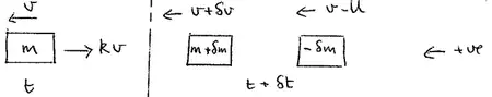 Diagram: at time t mass m moving with speed v, resistance kv; at time t + delta t mass m + delta m with speed v + delta v and ejected mass minus delta m with speed v minus U